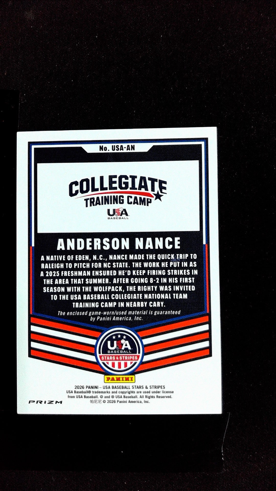 Anderson Nance #USA-AN 2026 Panini Stars & Stripes Prizm USA Baseball Mem