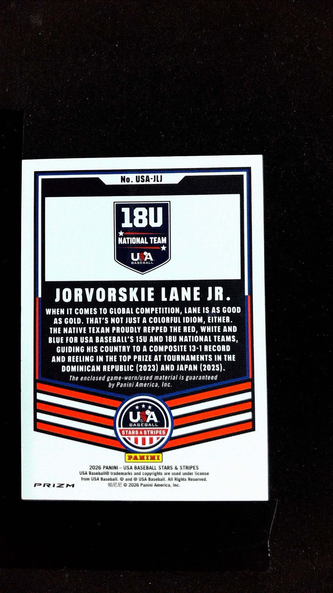 Jorvorskie Lane Jr. #USA-JLJ 2026 Panini Stars & Stripes Prizm USA Baseball Mem