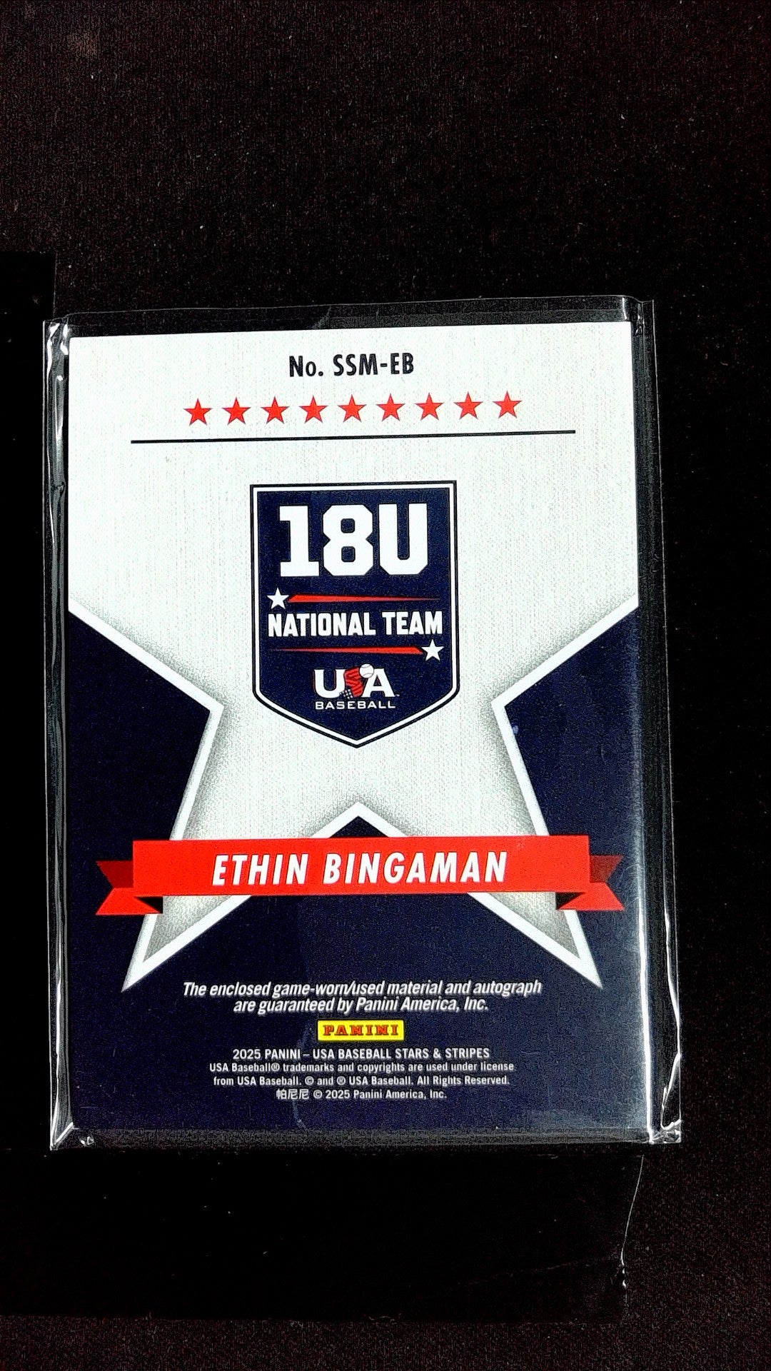 Ethin Bingaman #SSM-EB 2025 Panini Stars & Stripes USA Baseball Mem, Auto