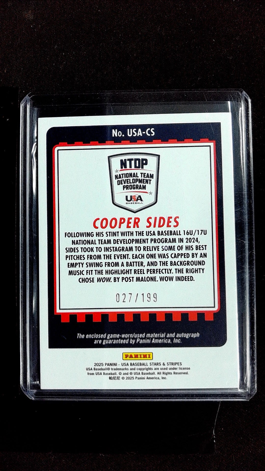 Cooper Sides #USA-CS 2025 Panini Stars & Stripes USA Baseball SN, Mem, Auto