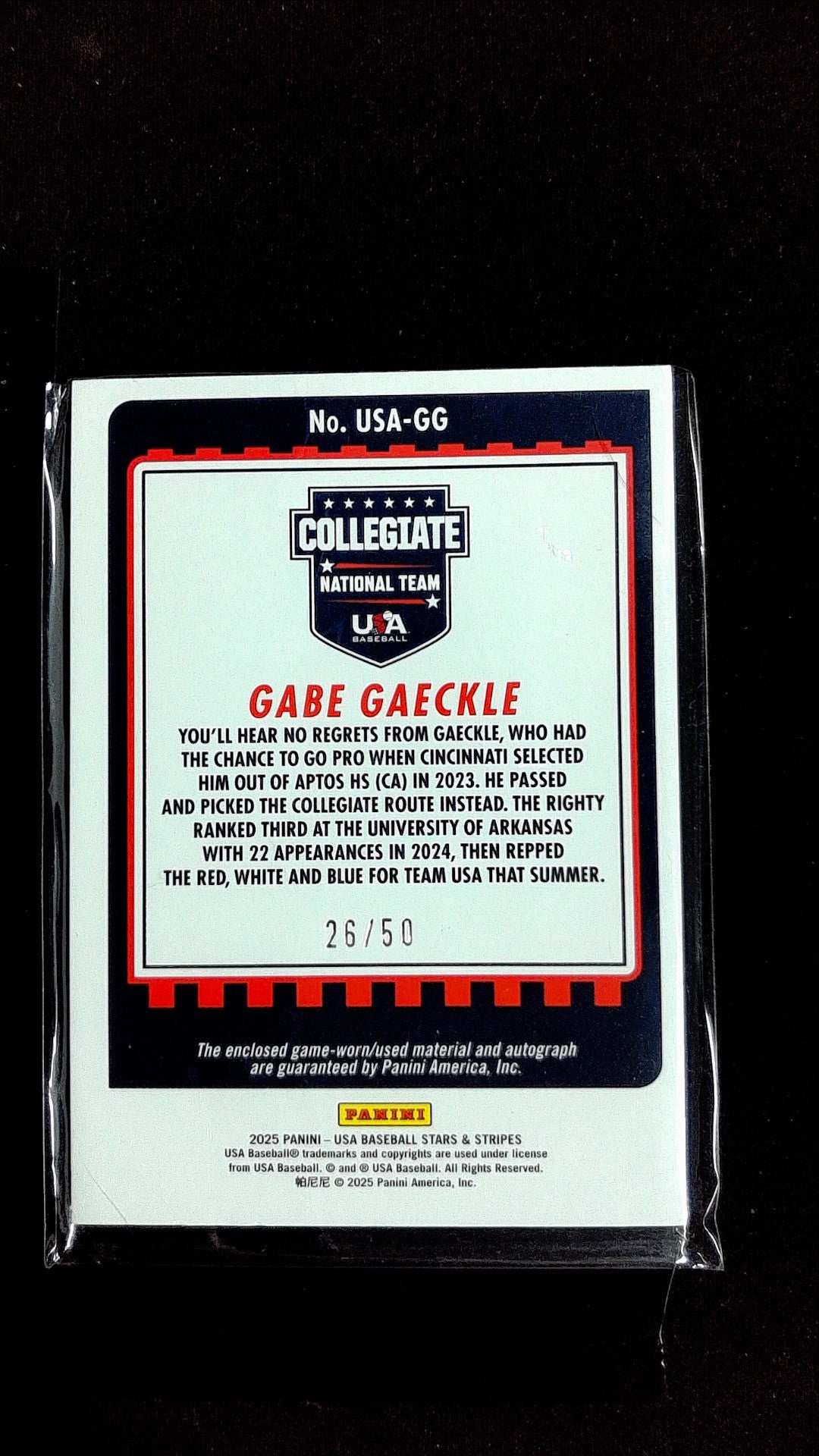 Gabe Gaeckle #USA-GG 2025 Panini Stars & Stripes USA Baseball SN, Mem, Auto