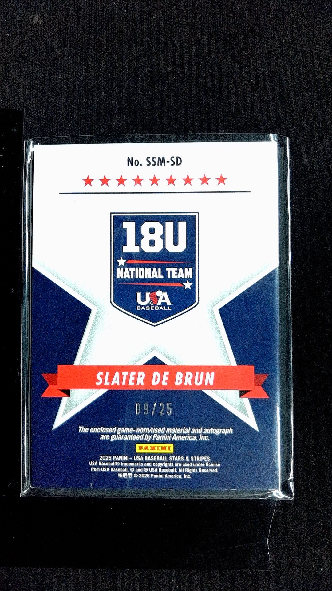 Slater De Brun #SSM-SD 2025 Panini Stars & Stripes USA Baseball SN, Mem, Auto