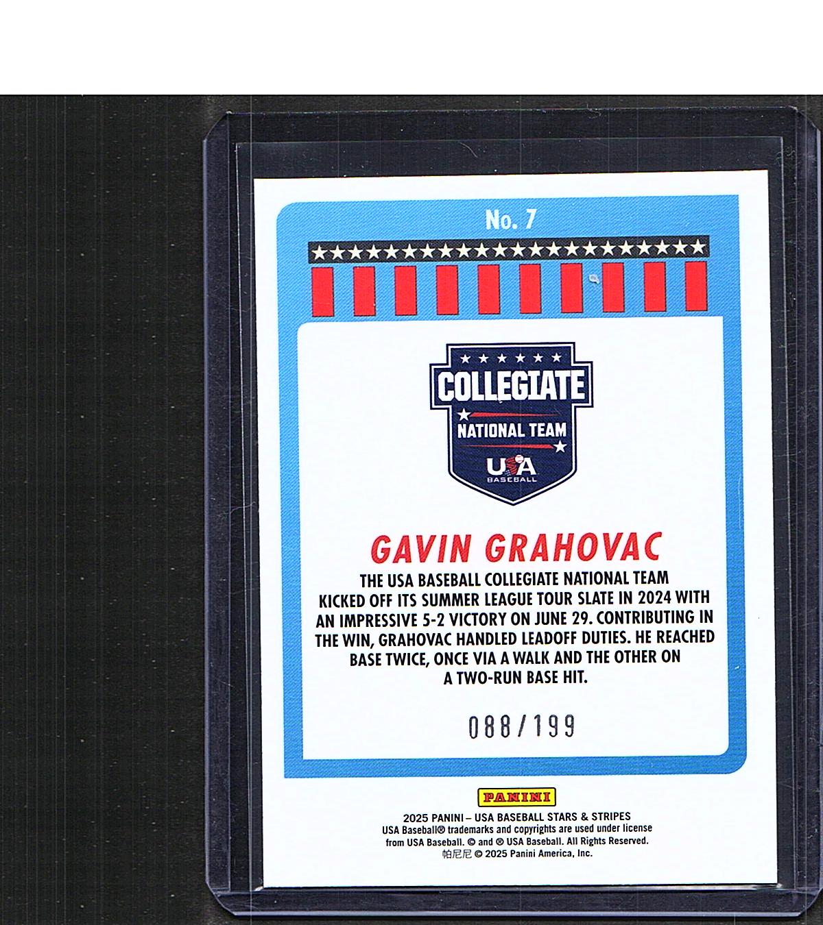 Gavin Grahovac #7 2025 Panini Stars & Stripes USA Baseball SN