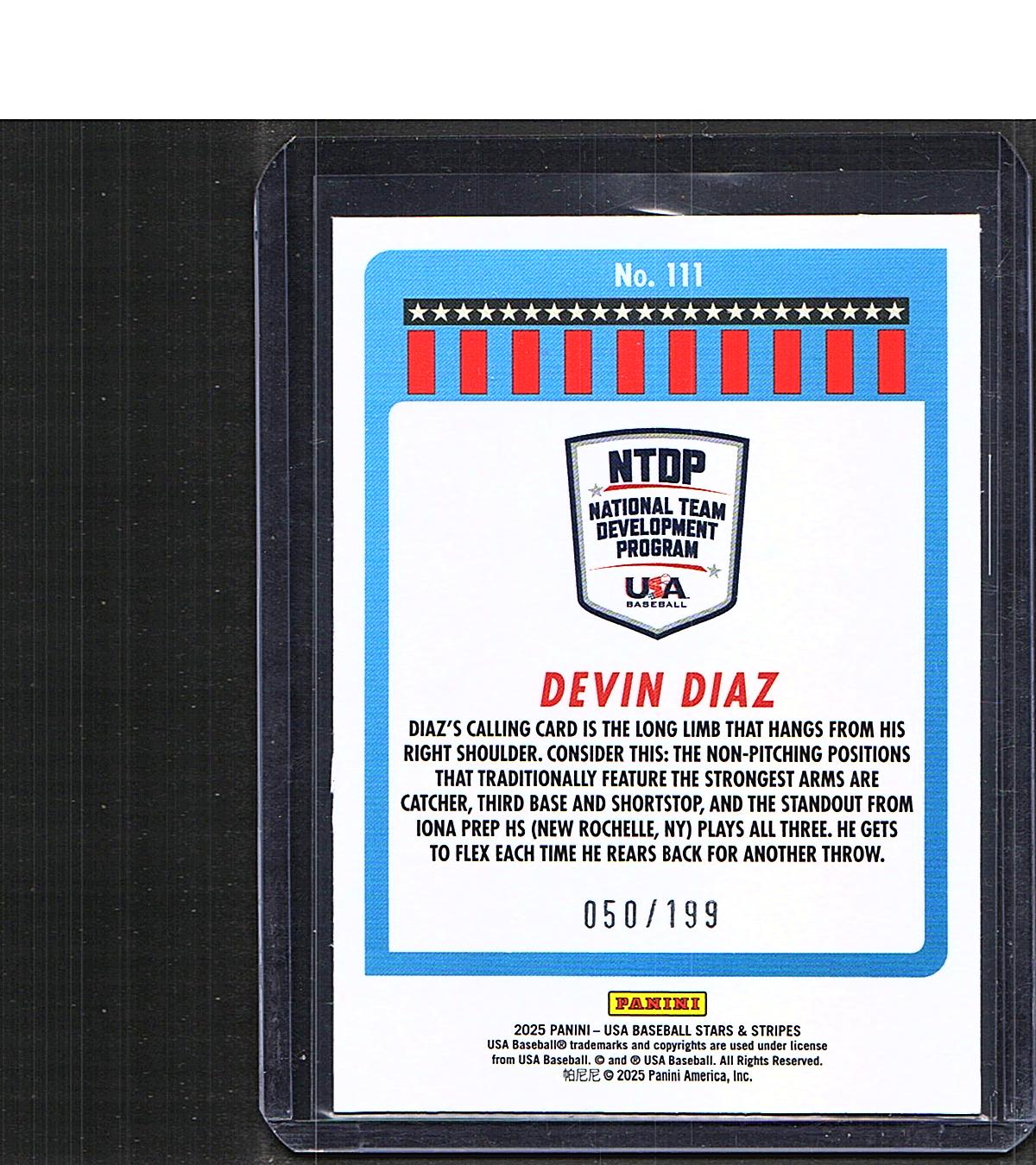Devin Diaz #111 2025 Panini Stars & Stripes USA Baseball SN