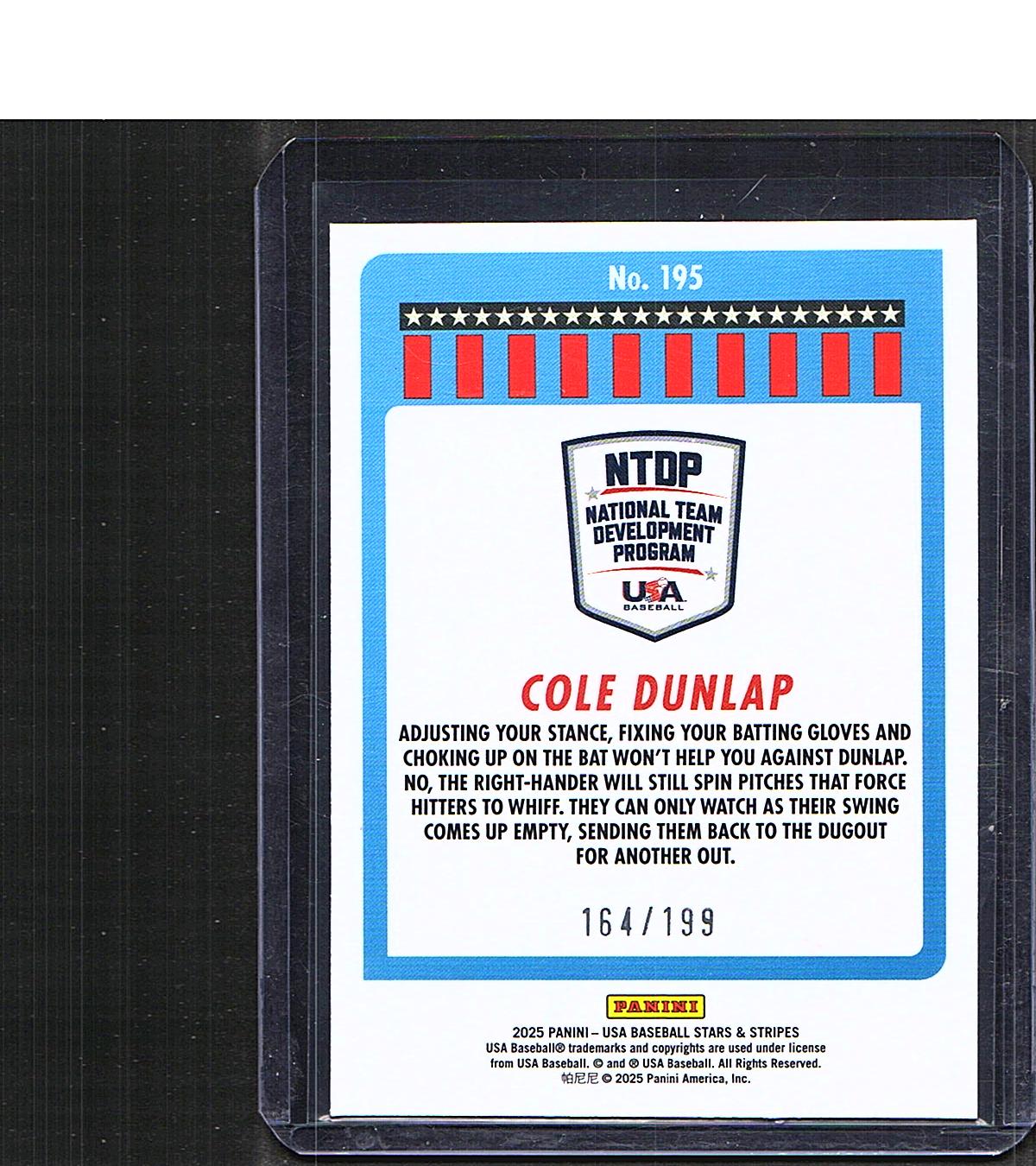 Cole Dunlap #195 2025 Panini Stars & Stripes USA Baseball SN