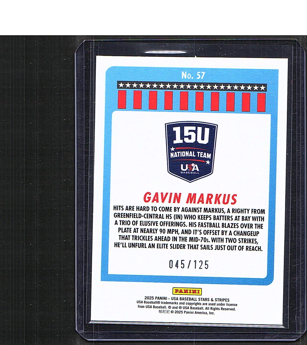 Gavin Markus #57 2025 Panini Stars & Stripes USA Baseball SN