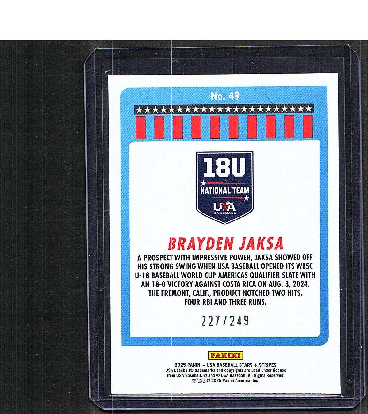 Brayden Jaksa #49 2025 Panini Stars & Stripes USA Baseball SN