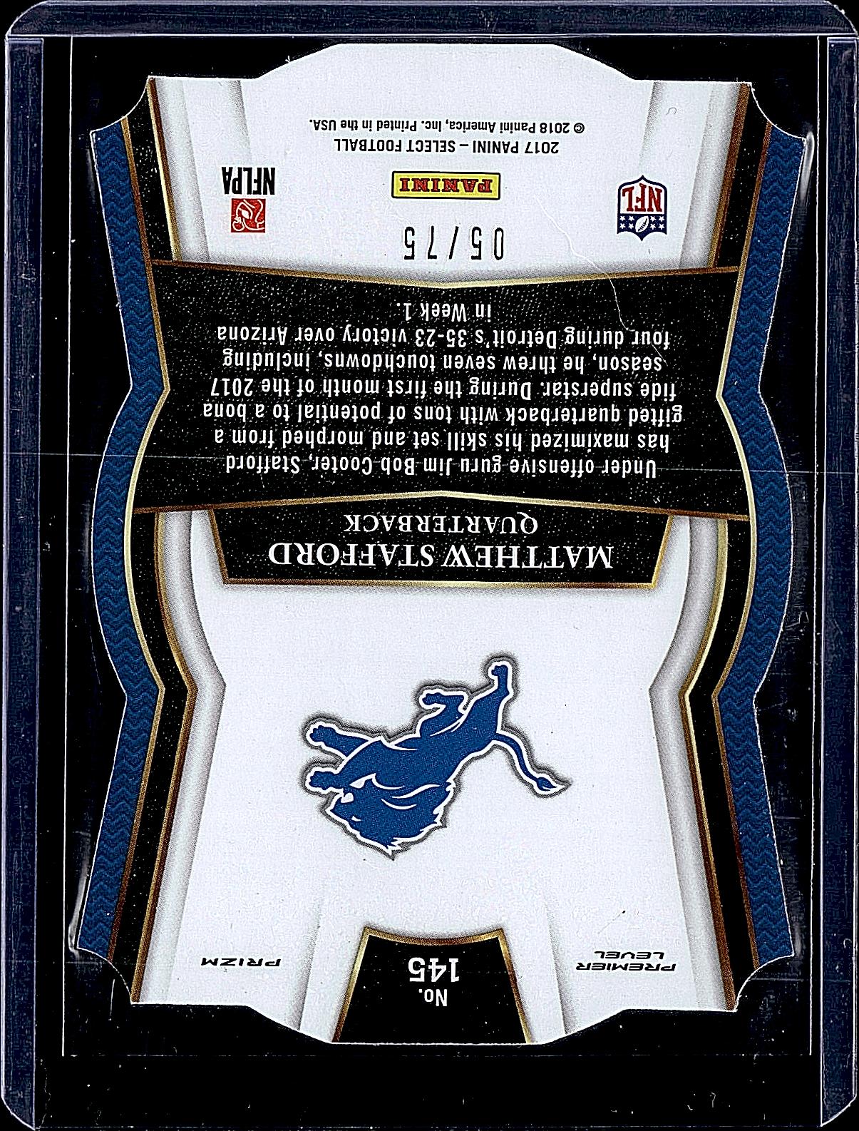 2017 Panini Select #145 Matthew Stafford Purple Prizm Die Cut #/75