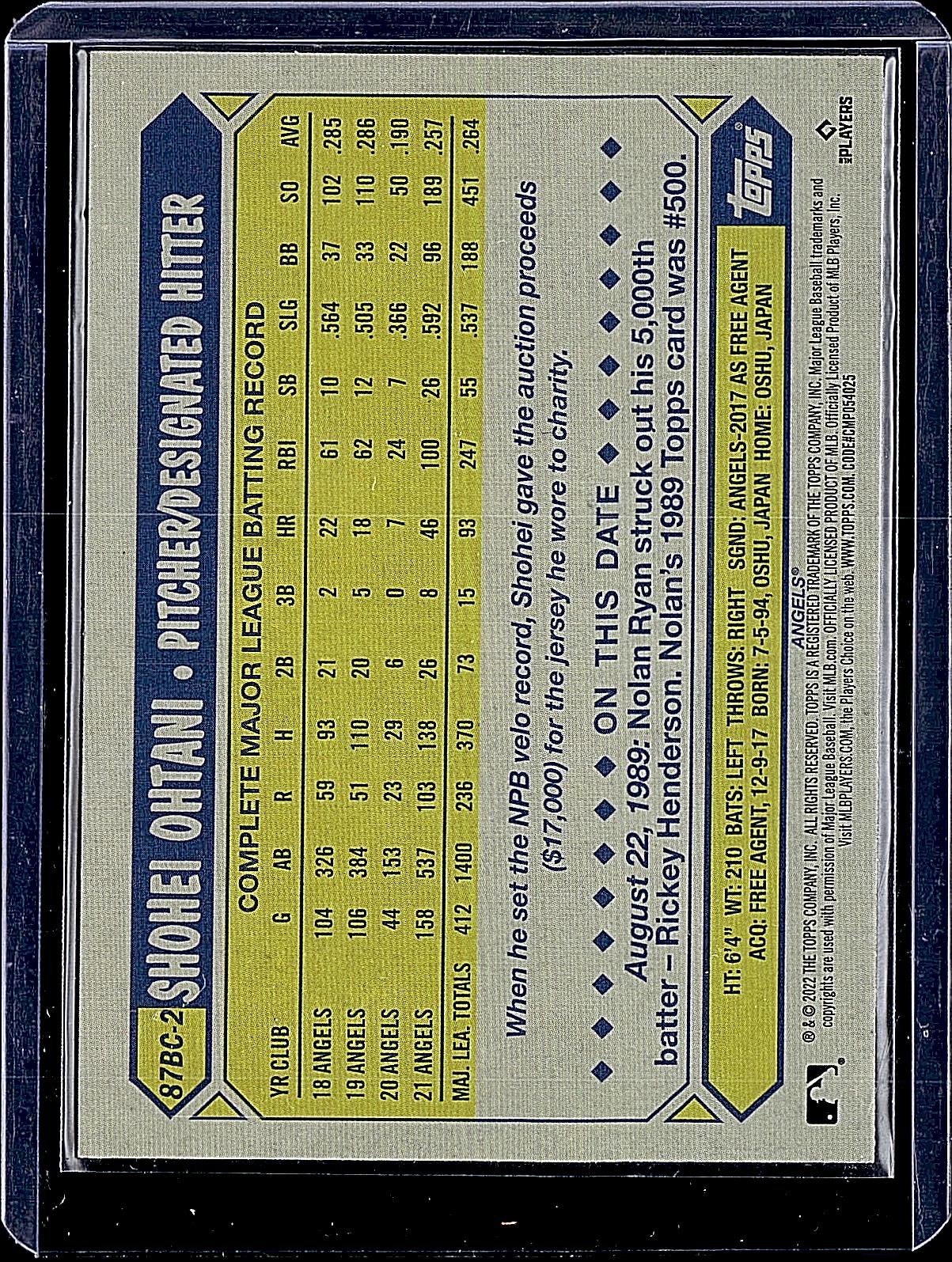 2022 Topps Chrome #87BC-2 Shohei Ohtani 1987 Topps Baseball 35th Anniversary