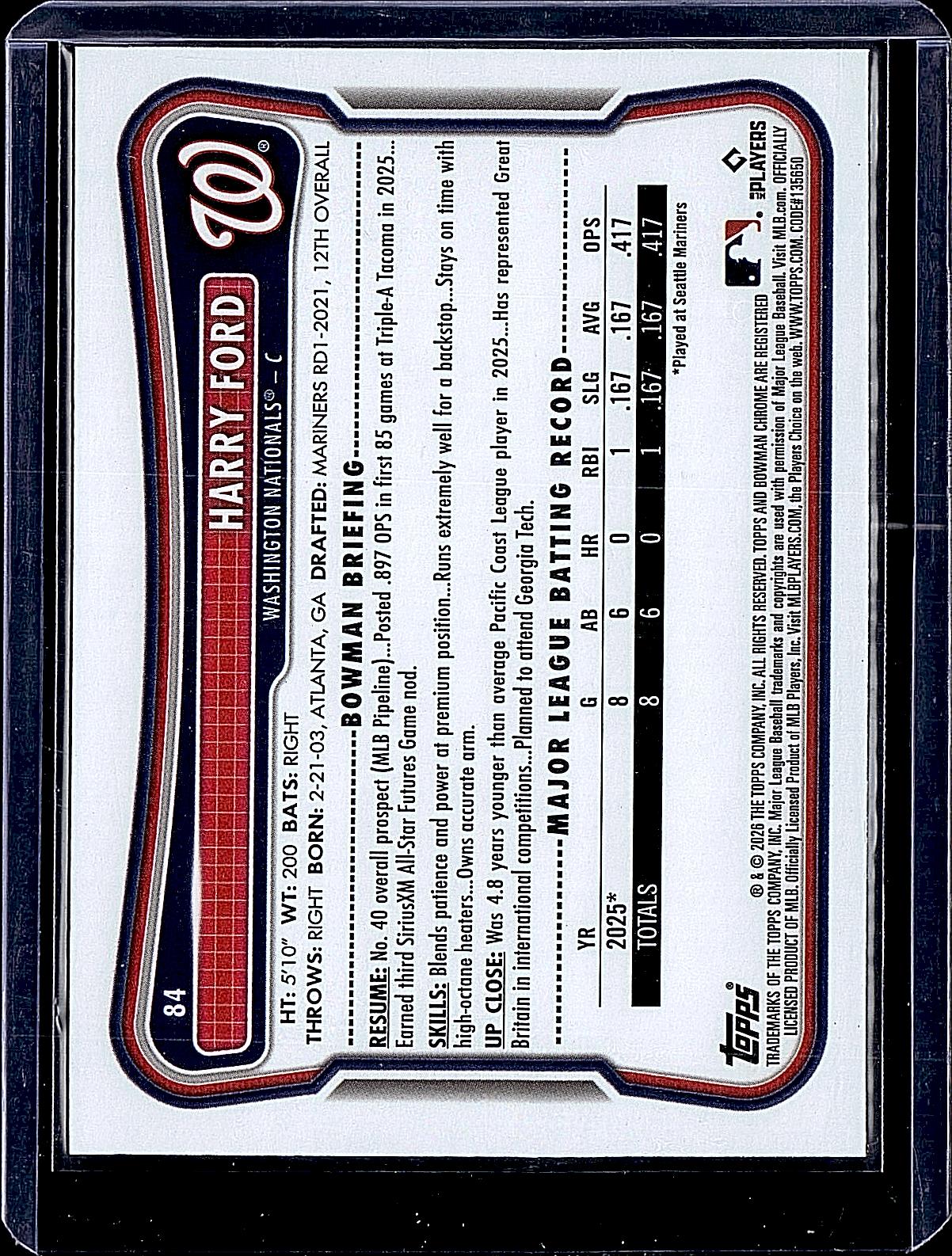 2026 Bowman #84 Harry Ford Rookie Red RC Logo