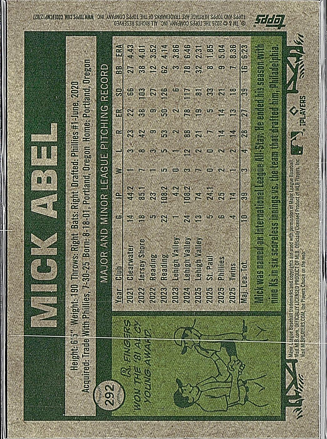 2026 Topps Heritage #292 Mick Abel Chrome
