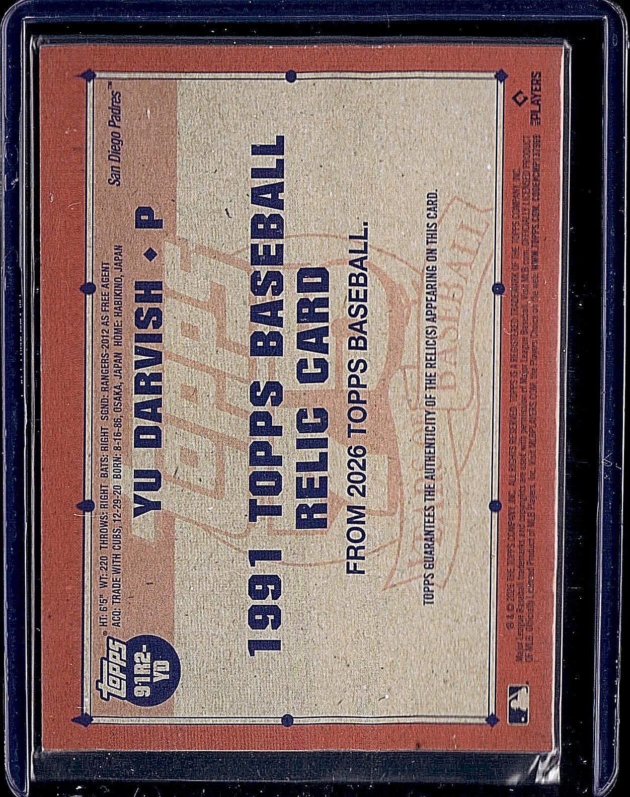 2026 Topps #91R2-YD Yu Darvish 1991 Topps Baseball 35th Anniversary Relics