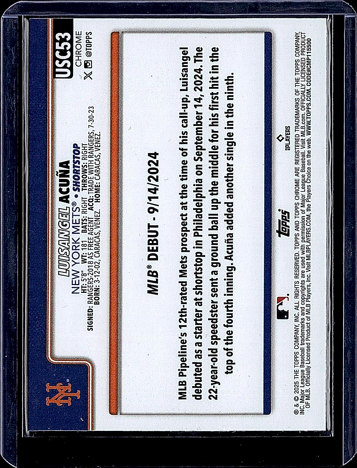 2025 Topps Chrome Update #USC53 Luisangel Acuña X-Fractors