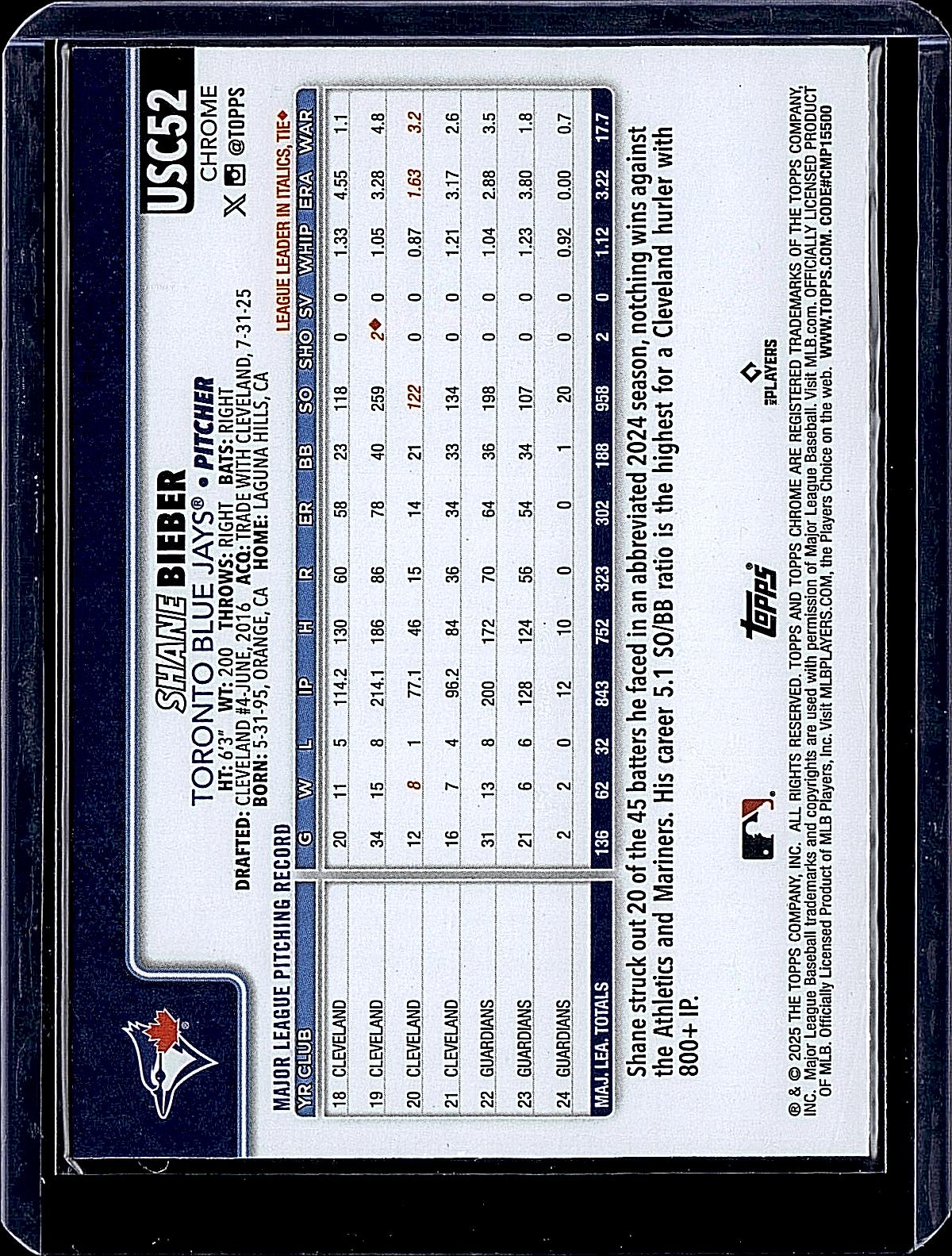 2025 Topps Chrome Update #USC52 Shane Bieber RayWave Refractor