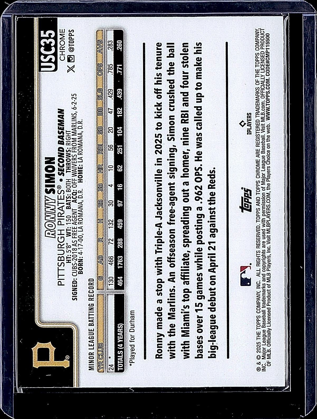 2025 Topps Chrome Update #USC35 Ronny Simon RayWave Refractor