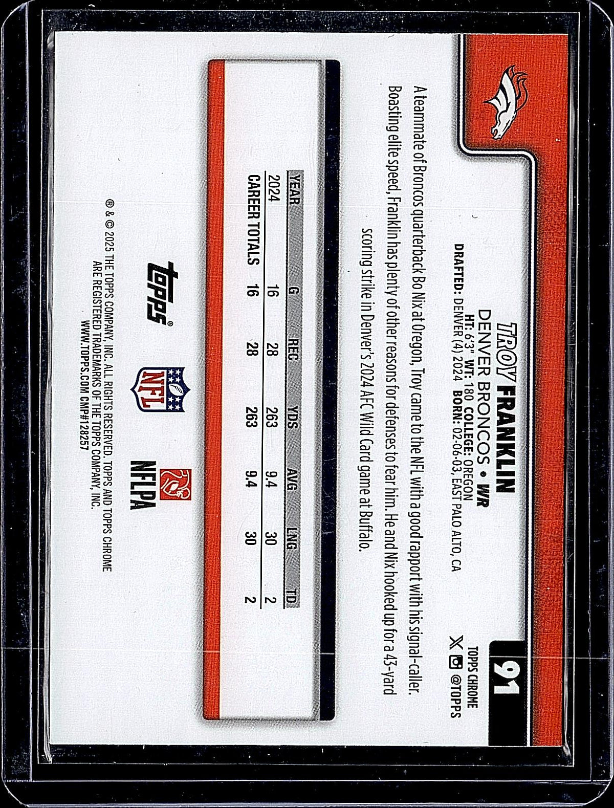 2025 Topps Chrome #91 Troy Franklin Football Leather Refractor
