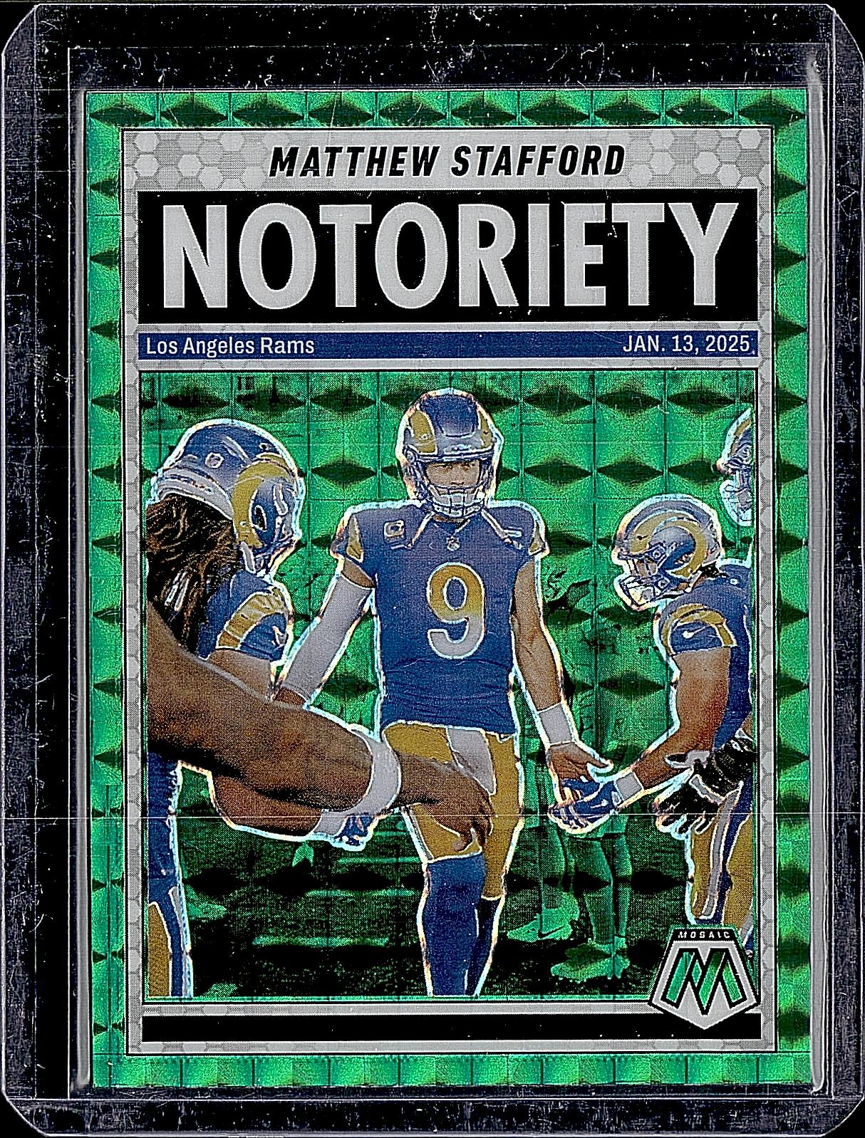 2025 Panini Mosaic #7 Matthew Stafford Notoriety Mosaic Green