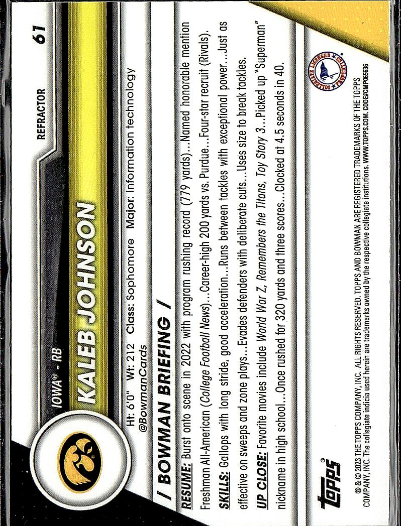 2023 Bowman University Chrome #61 Kaleb Johnson Refractor