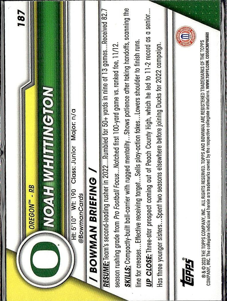 2023 Bowman University Chrome #187 Noah Whittington Aqua Refractor #/299