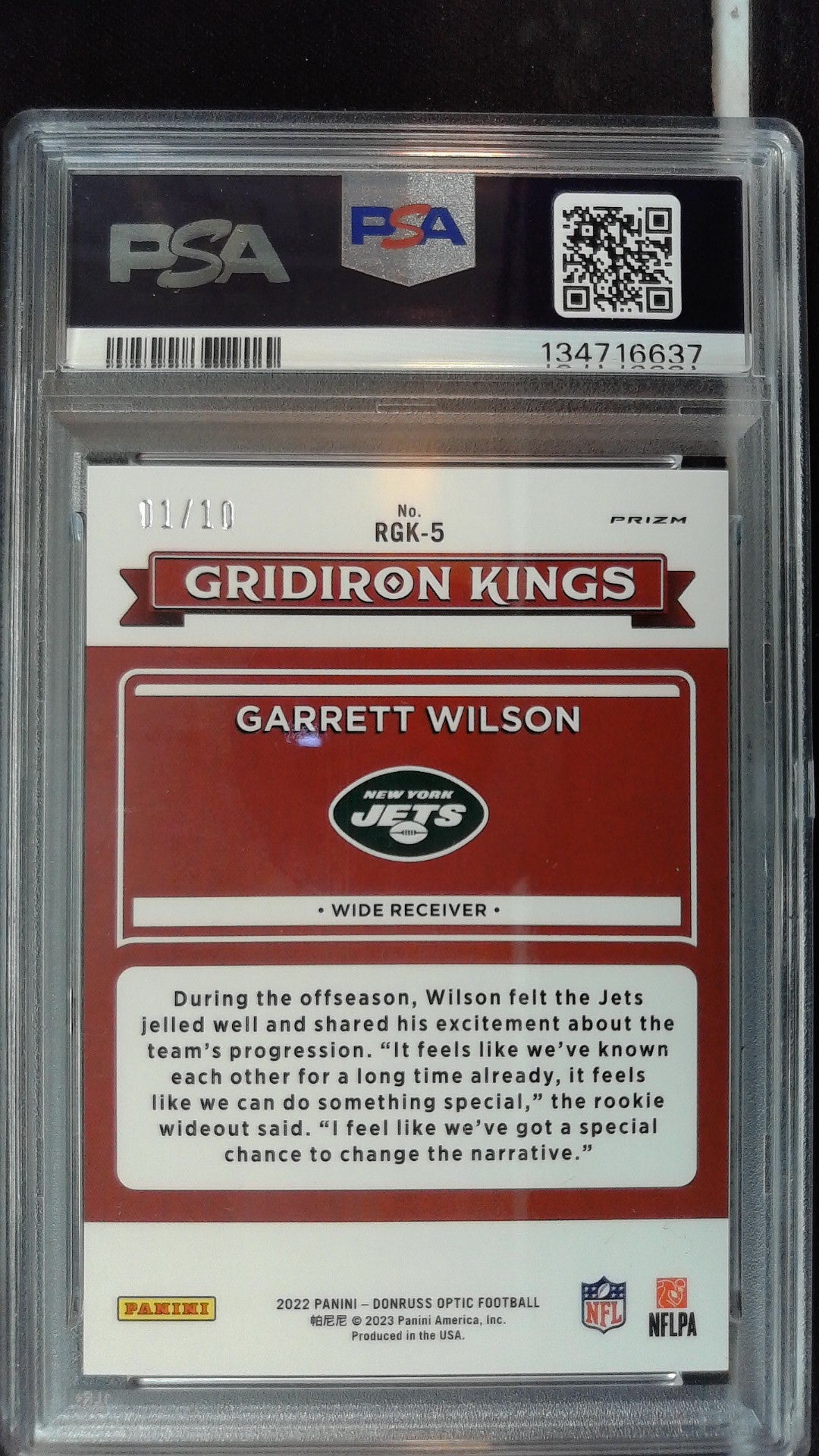 2022 Donruss Optic #RGK-5 Garrett Wilson Rookie Gridiron Kings Gold PSA 10 #/10
