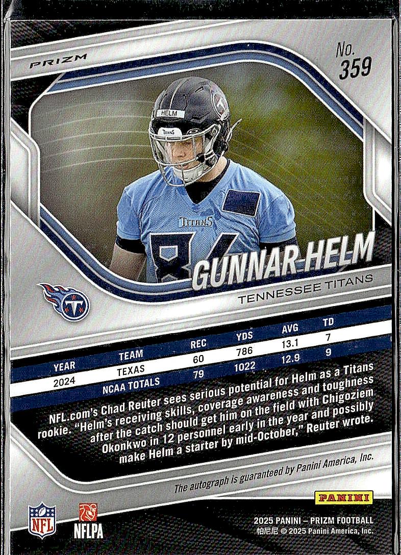 2025 Panini Prizm #359 Gunnar Helm Prizm Rookie Autographs Pink