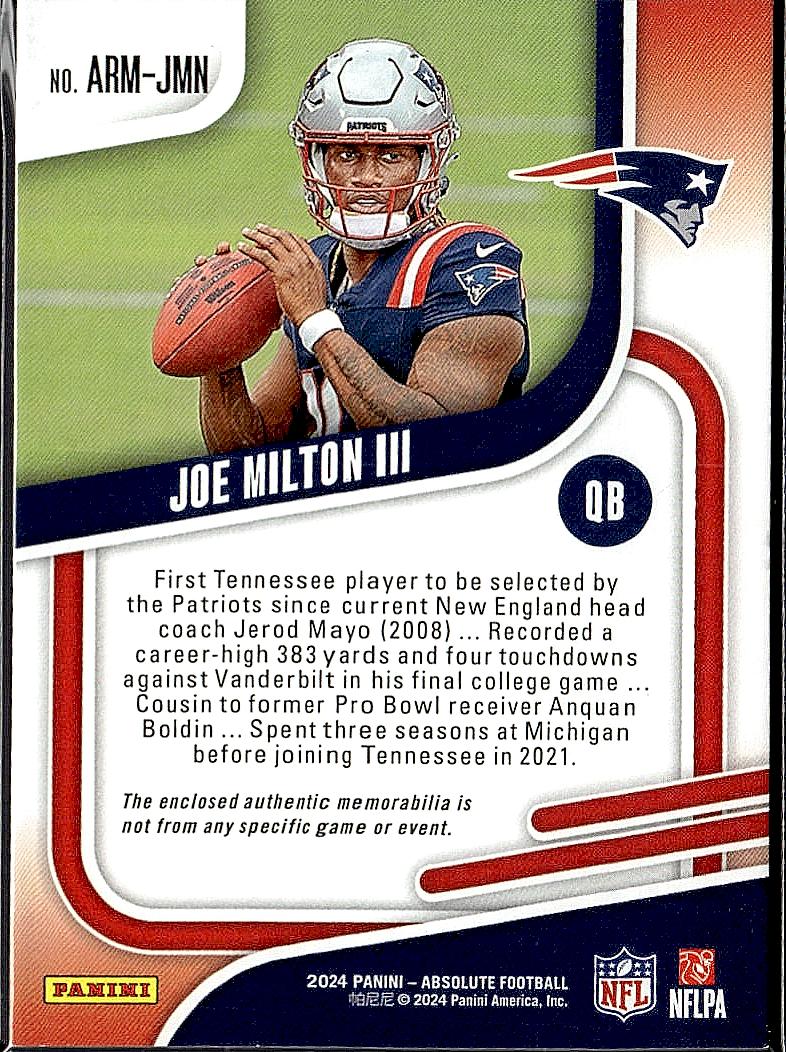 2024 Panini Absolute #ARM-JMN Joe Milton III Absolute Rookie Materials