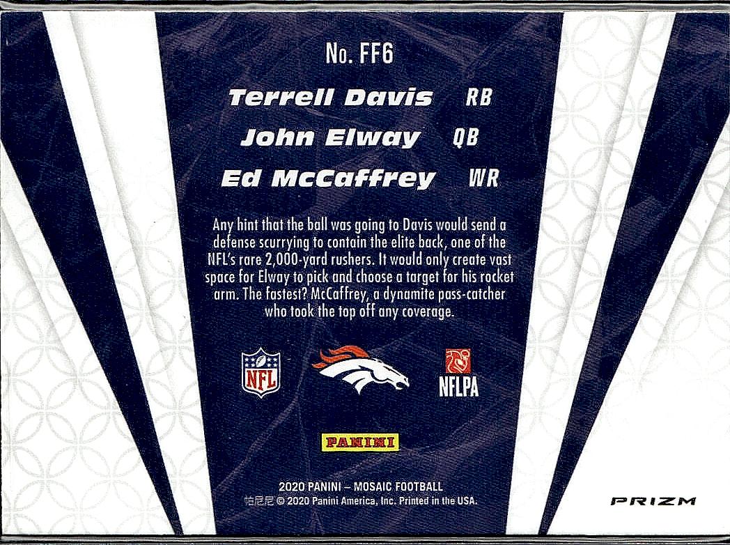 2020 Panini Mosaic #FF6 McCaffrey / Davis / Elway Flea Flicker Prizm