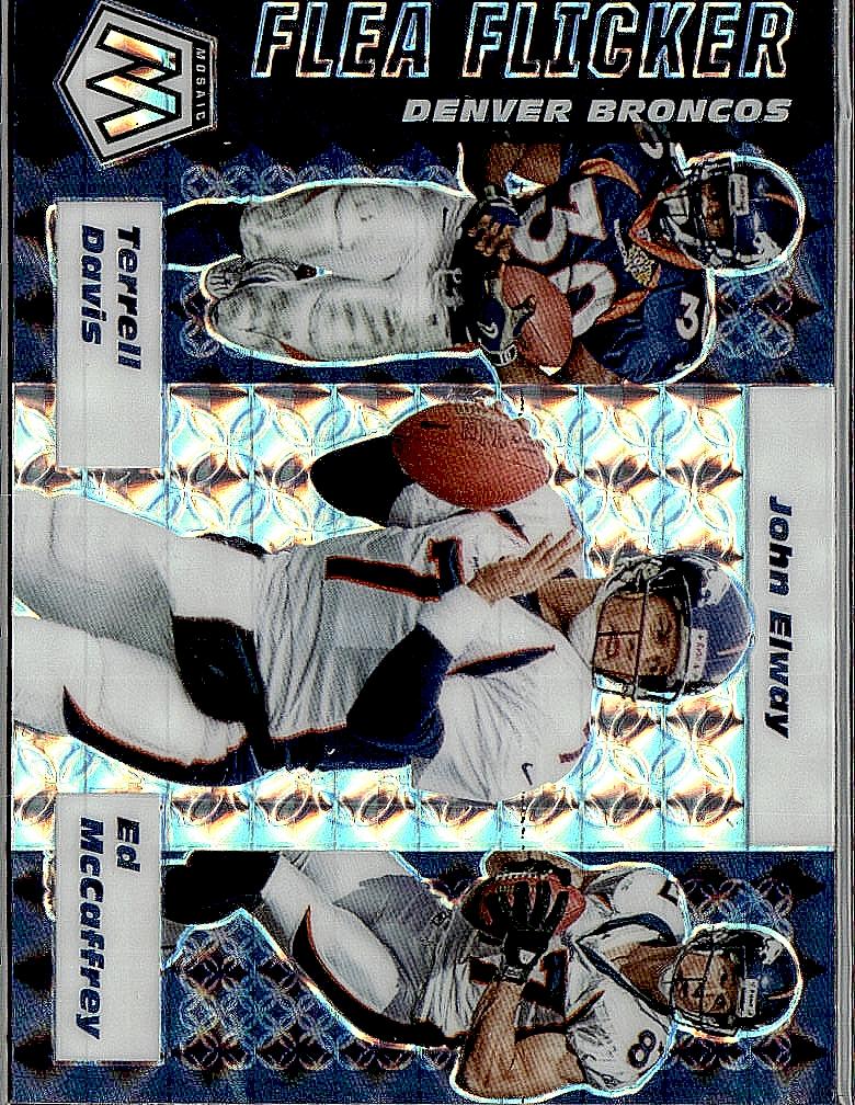 2020 Panini Mosaic #FF6 McCaffrey / Davis / Elway Flea Flicker Prizm