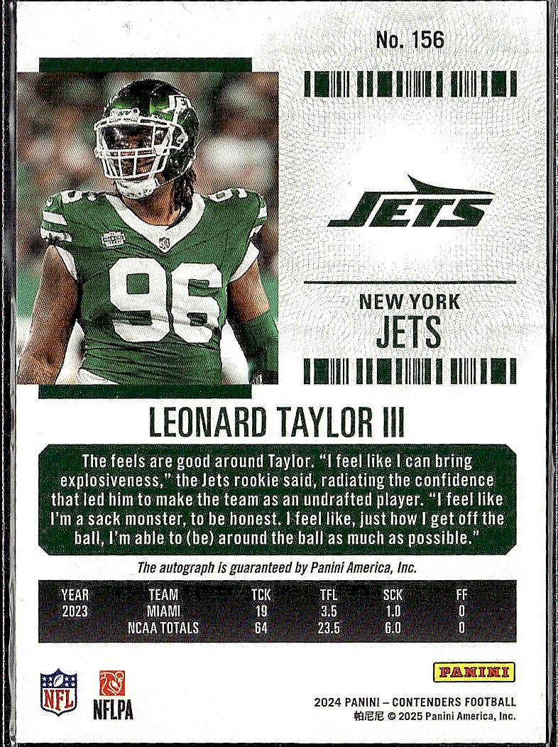 2024 Panini Contenders #156 Leonard Taylor III Green Auto