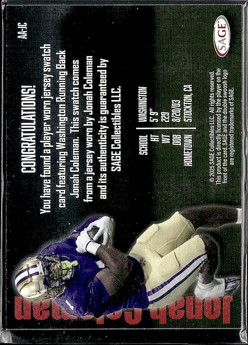 2026 SAGE #AA-JC Jonah Coleman Athlete Apparel Swatch (Low Series)