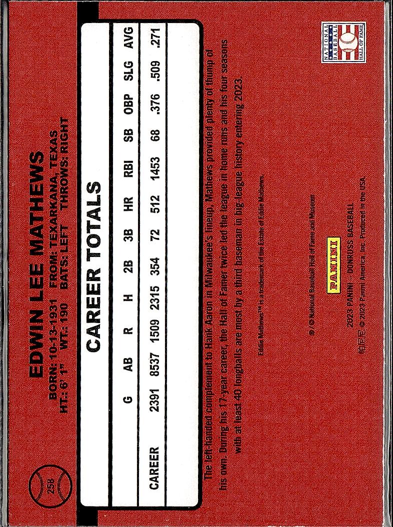 2023 Donruss #258 Eddie Mathews Holo Blue