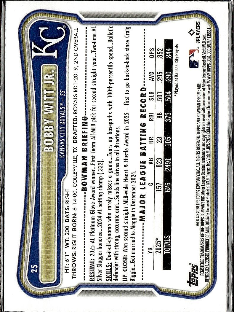 2026 Bowman #25 Bobby Witt Jr. Chrome Mojo Refractors