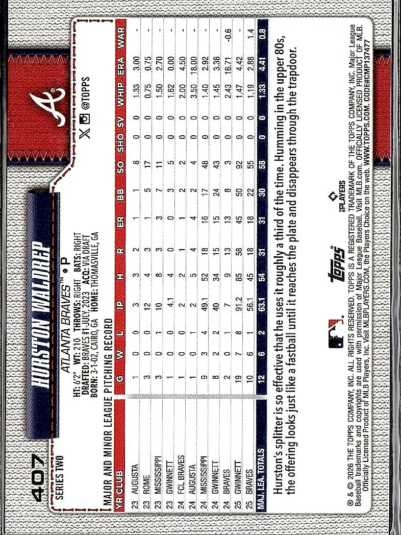 2026 Topps #407 Hurston Waldrep
