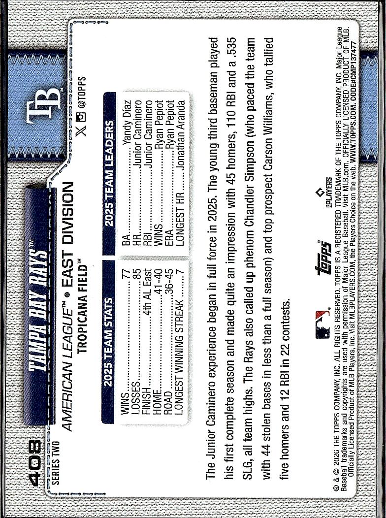 2026 Topps #408 Tampa Bay Rays