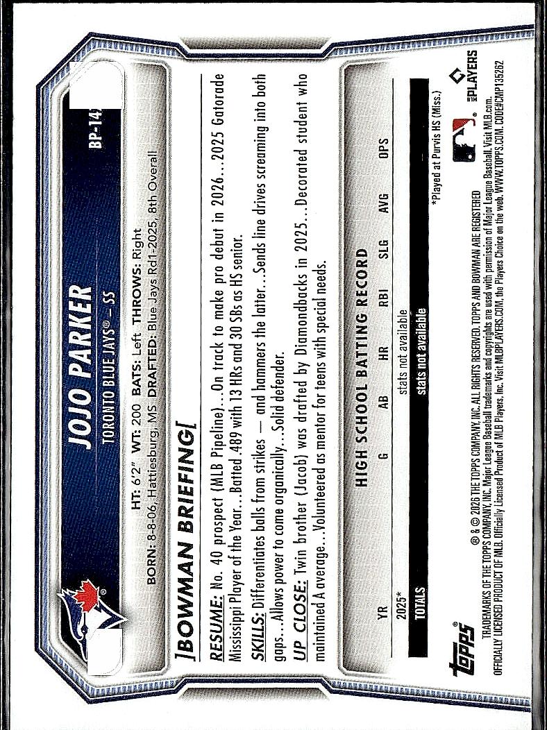 2026 Bowman #BP-147 JoJo Parker Prospects