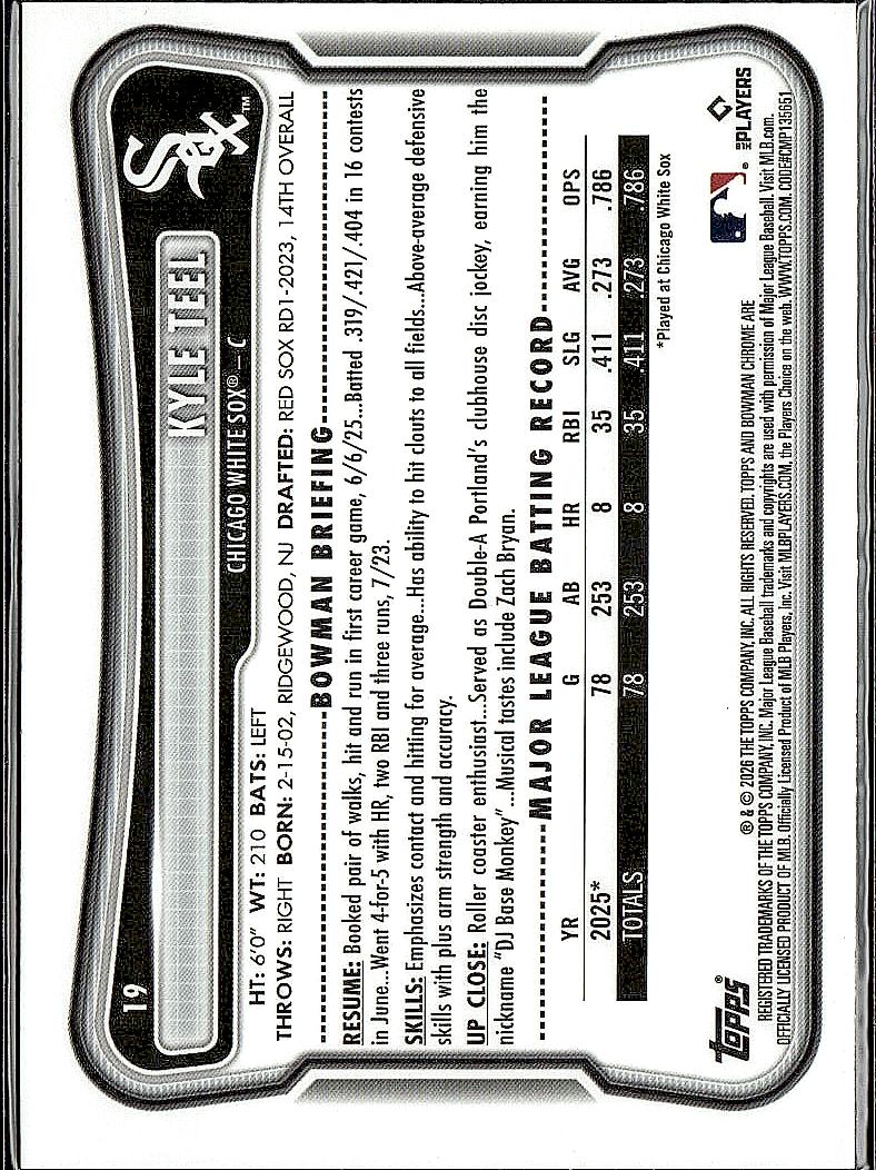 2026 Bowman #19 Kyle Teel Chrome Mojo Refractors