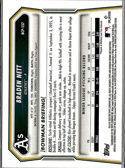 2026 Bowman #BCP-137 Braden Nett Chrome Prospects Lazer Refractor