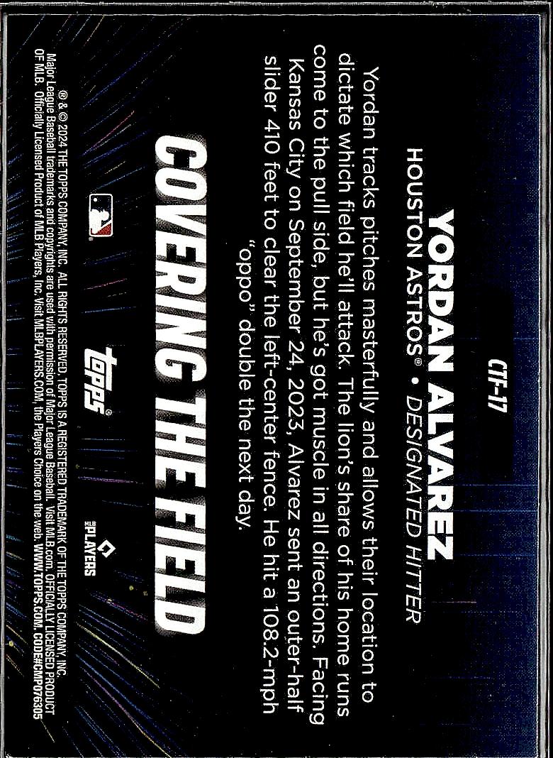 2024 Topps #CTF-17 Yordan Alvarez Covering the Field Black #/299