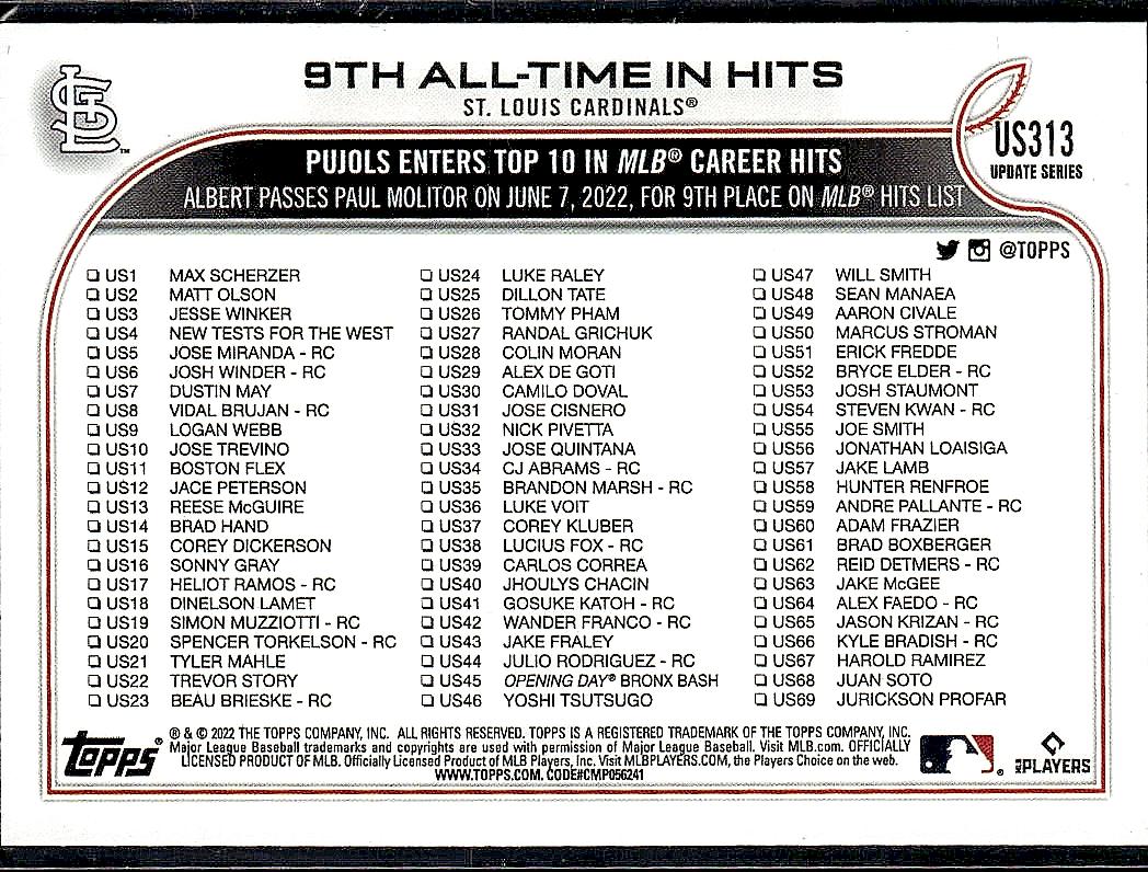 2022 Topps Update #US313 9th All-Time In Hits (Albert Pujols)