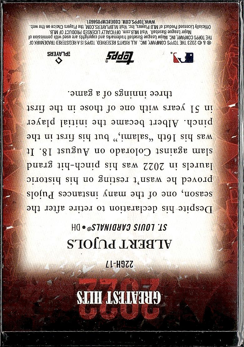 2023 Topps #22GH-17 Albert Pujols 2022 Greatest Hits