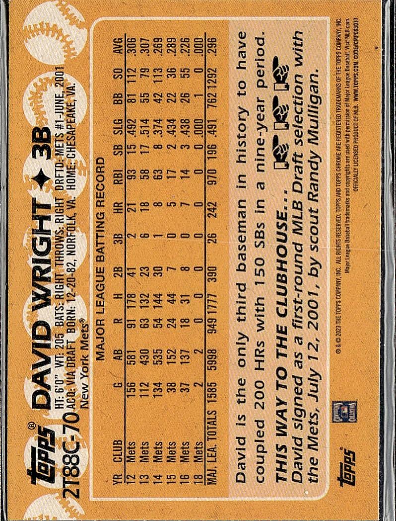 2023 Topps #2T88C-70 David Wright 1988 Topps Throwback MOJO