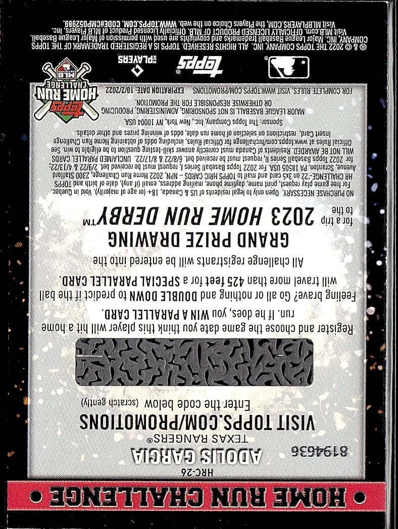 2022 Topps #HRC-26 Adolis Garcia Home Run Challenge Code Cards (Series Two)