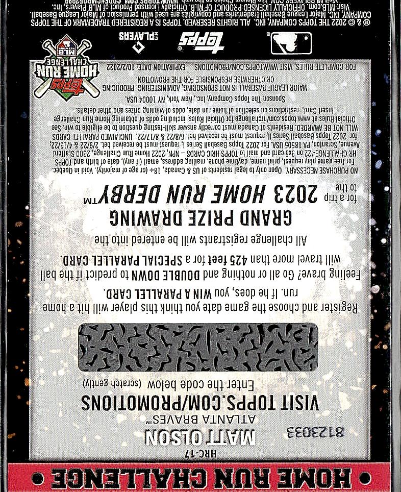 2022 Topps #HRC-17 Matt Olson Home Run Challenge Code Cards (Series Two)