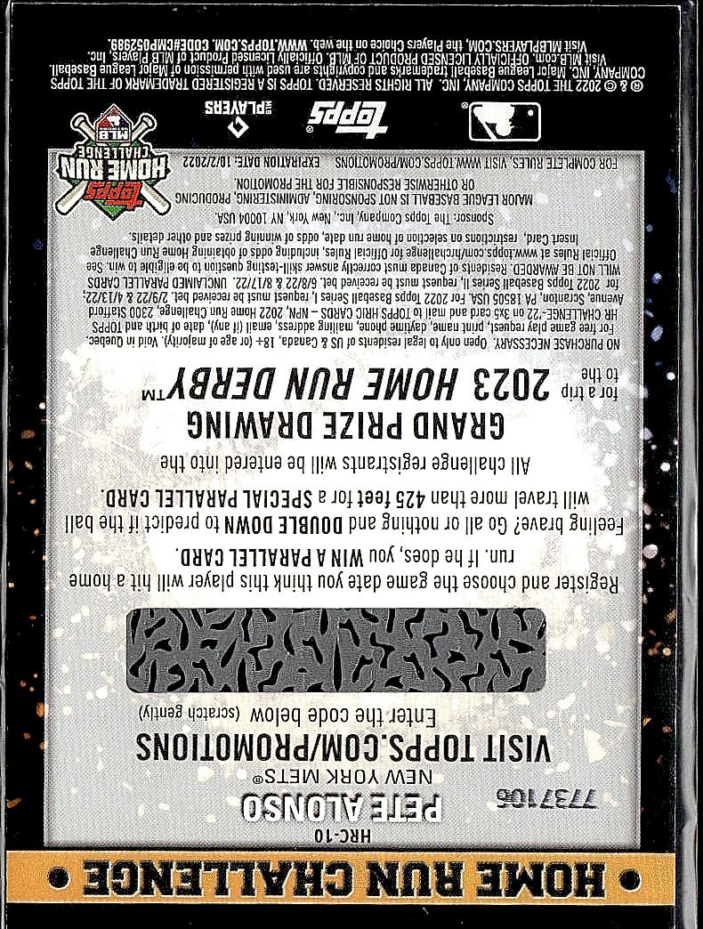 2022 Topps #HRC-10 Pete Alonso Home Run Challenge Code Cards (Series Two)