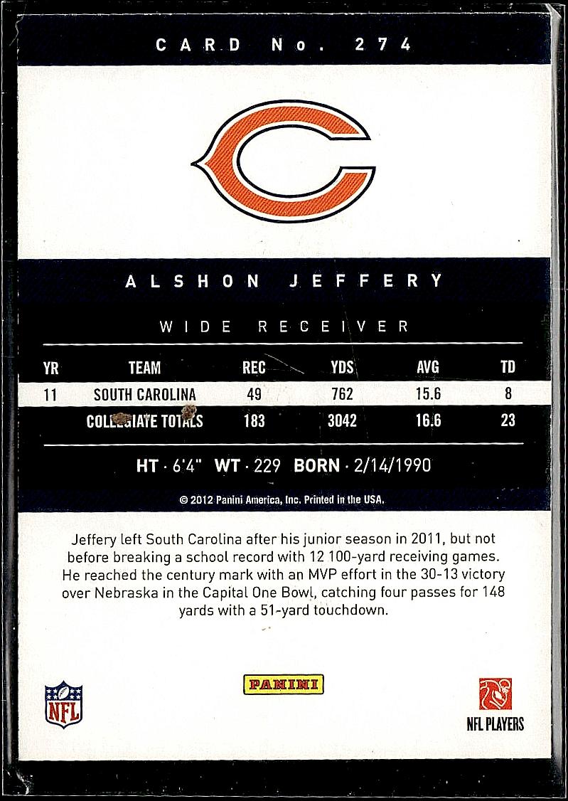 2012 Panini Prestige #274 Alshon Jeffery Extra Points Blue #/999
