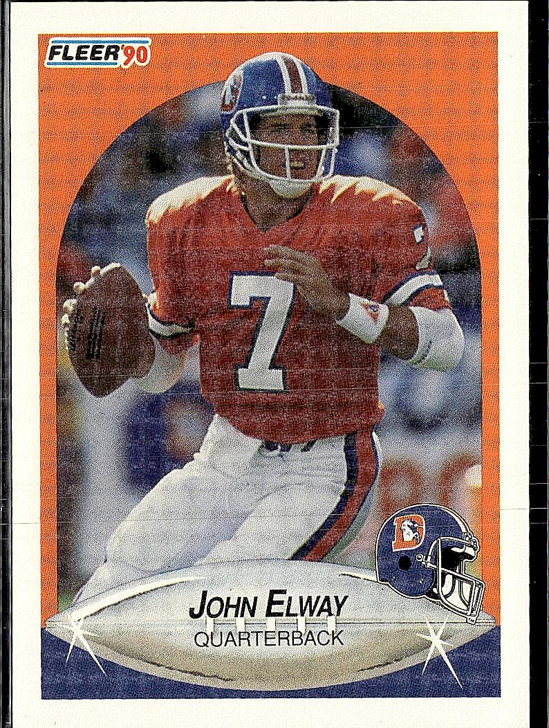 1990 Fleer #21a John Elway Lower right star of AFC logo aligned with blue