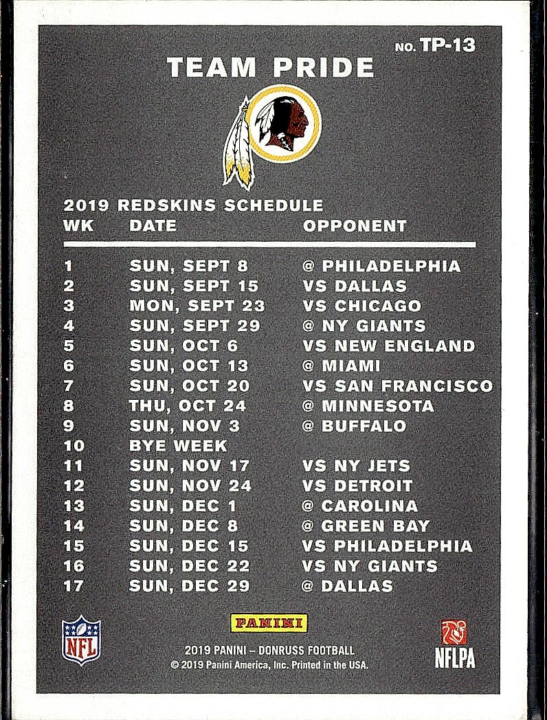 2019 Donruss #TP-13 Redskins Team Logo Team Pride Vertical