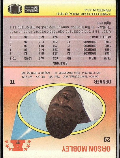 1990 Fleer #29a Orson Mobley Lower right star of AFC logo aligned with blue