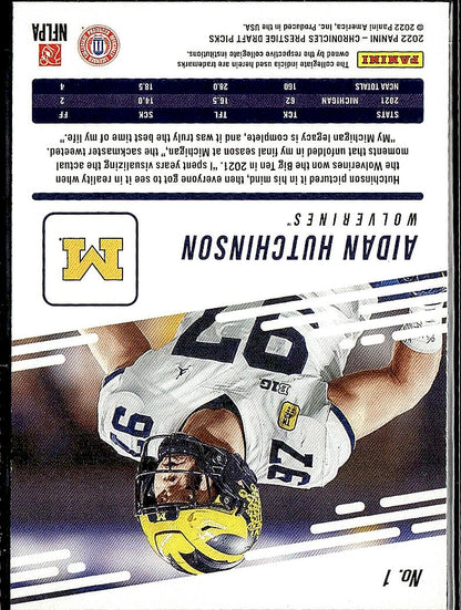 2022 Panini Chronicles Draft Picks #1 Aidan Hutchinson Prestige