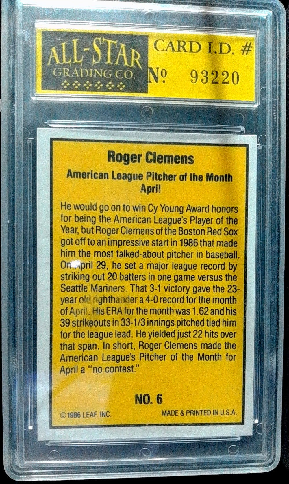 1986 Donruss Highlights #6 Roger Clemens Other 10